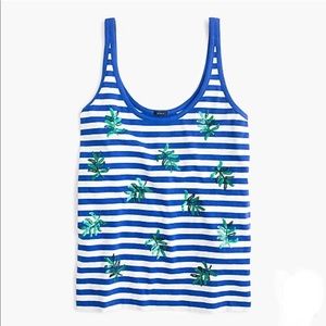 J. Crew blue stripe sequin palm leaves tank top
